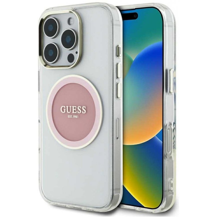 Dėklas Guess IML Metal Colored Circle Classic Logo MagSafe do iPhone 16 Pro rožinė
