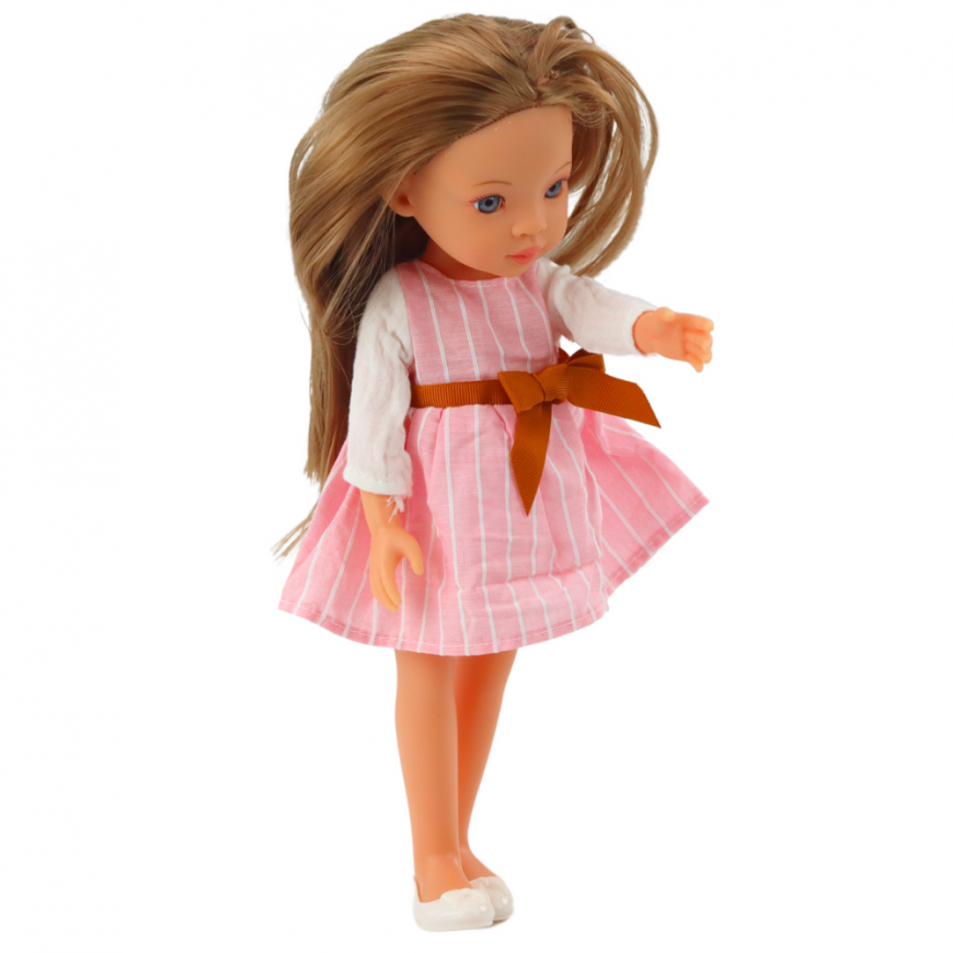 Lean Toys Lėlė su rausva suknele ir kaspinu, ilgi rudi plaukai – 3
