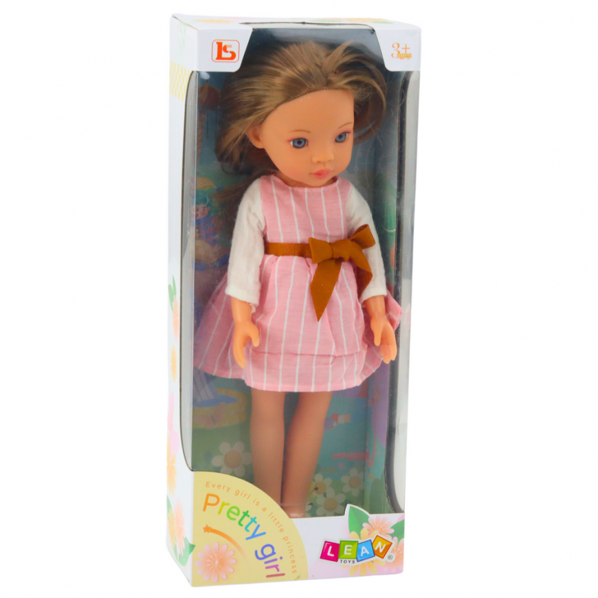 Lean Toys Lėlė su rausva suknele ir kaspinu, ilgi rudi plaukai – 4