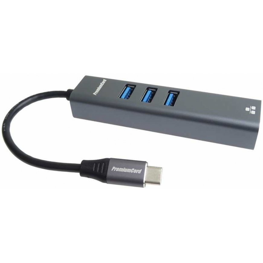 PREMIUMCORD USB-C -sovitin, jossa on gigabitin 10/100/1000 Mbps + 3 USB 3.0 -porttia – 2