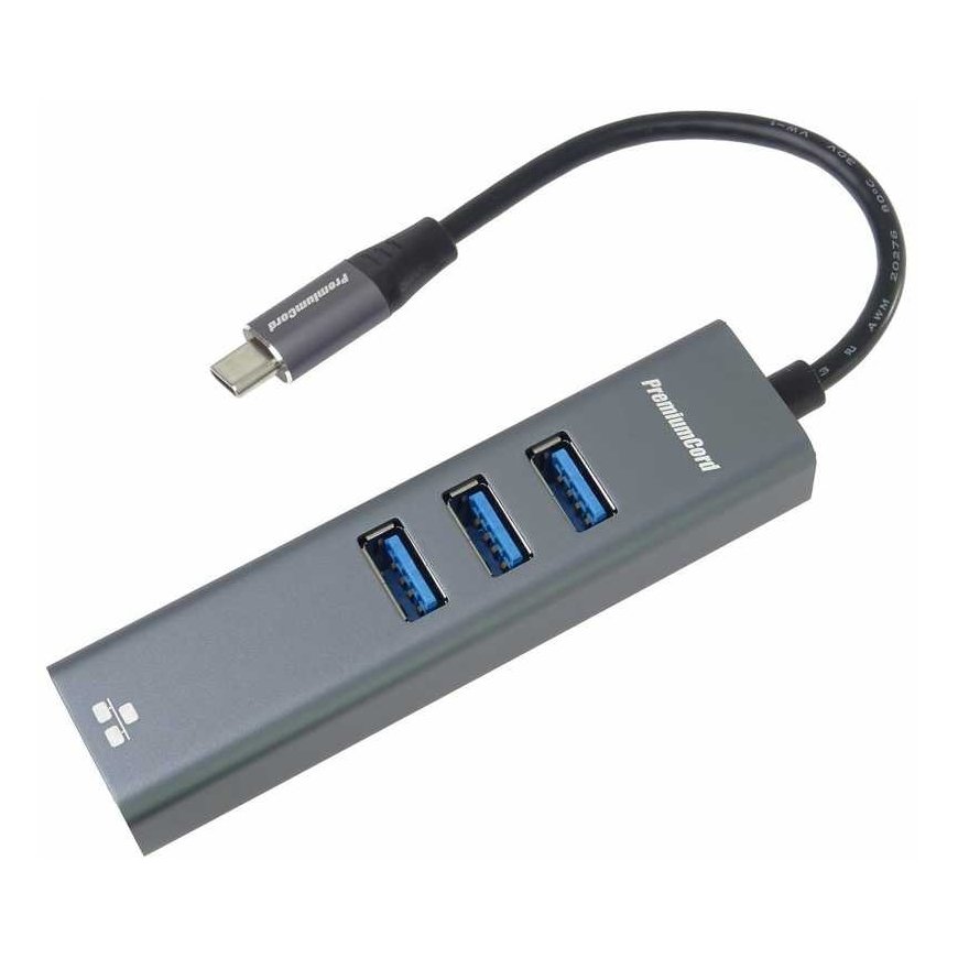 PREMIUMCORD USB-C -sovitin, jossa on gigabitin 10/100/1000 Mbps + 3 USB 3.0 -porttia – 3