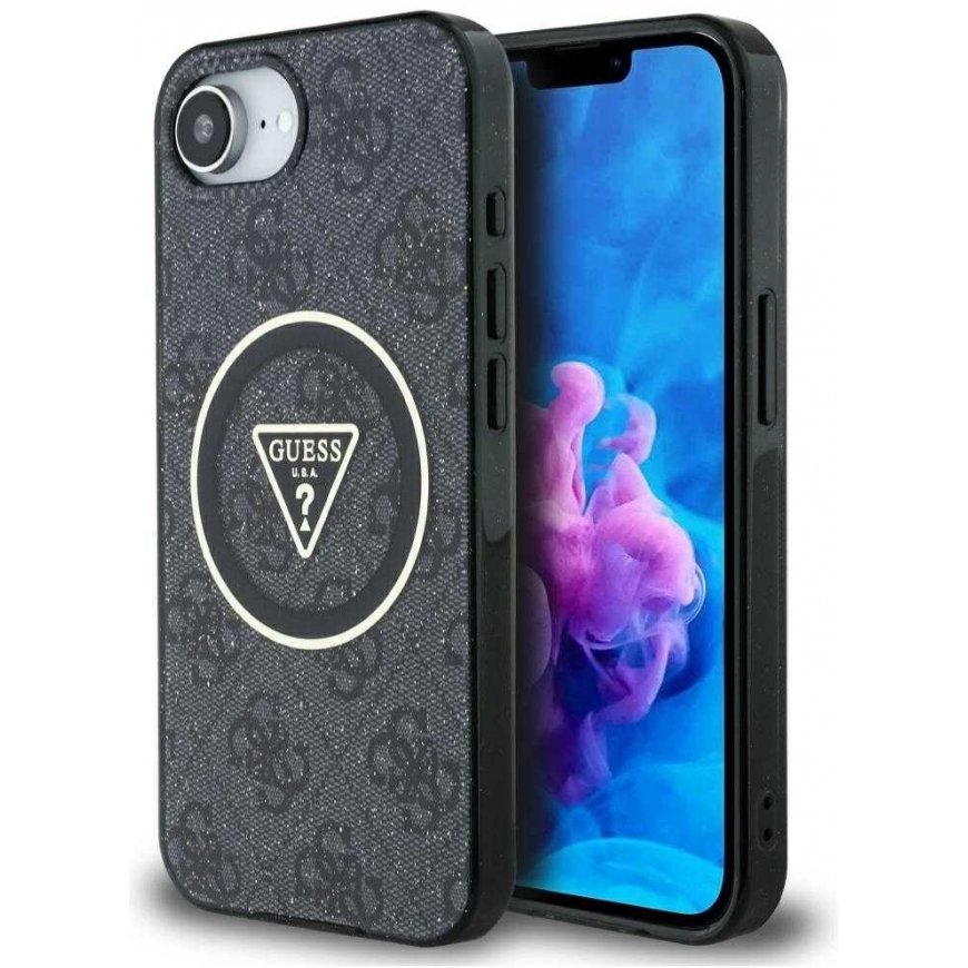 Dėklas Guess IML Metal Glitter 4G Circle Triangle MagSafe Case for iPhone 16e - Juodas