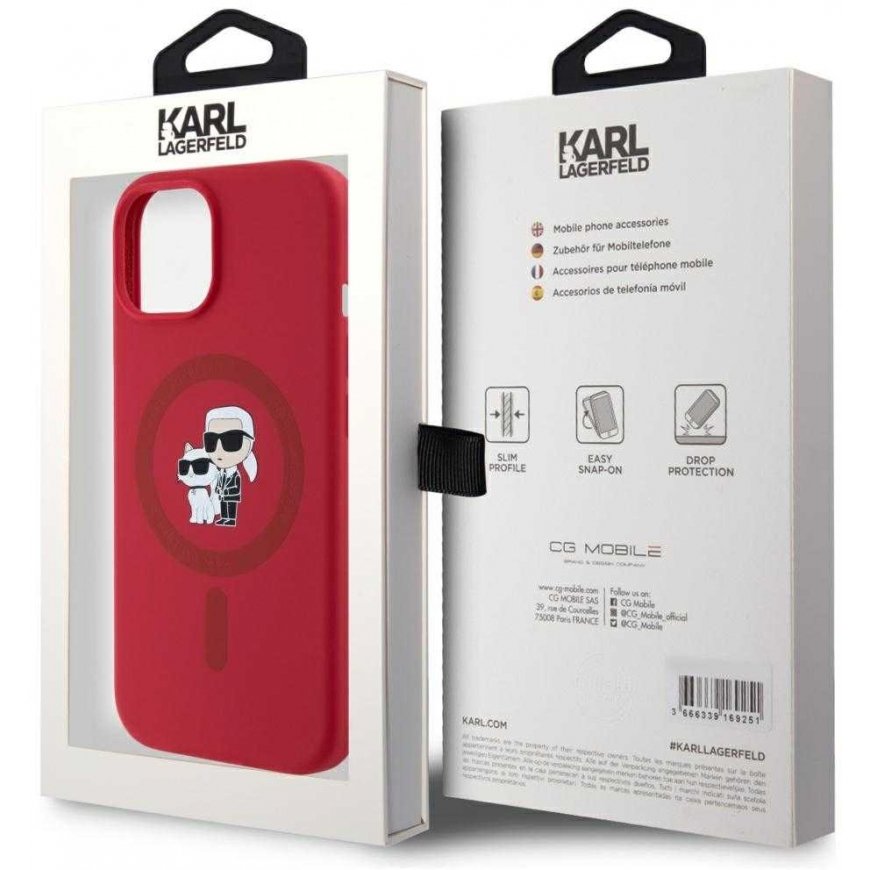 Karl Lagerfeld silikoninis Karl&Choupette Heads Ring MagSafe iPhone 15 dėklas – Raudona – 2
