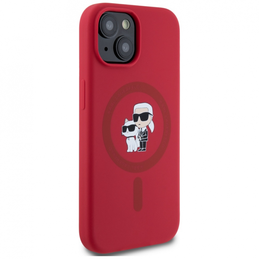 Karl Lagerfeld silikoninis Karl&Choupette Heads Ring MagSafe iPhone 15 dėklas – Raudona – 5