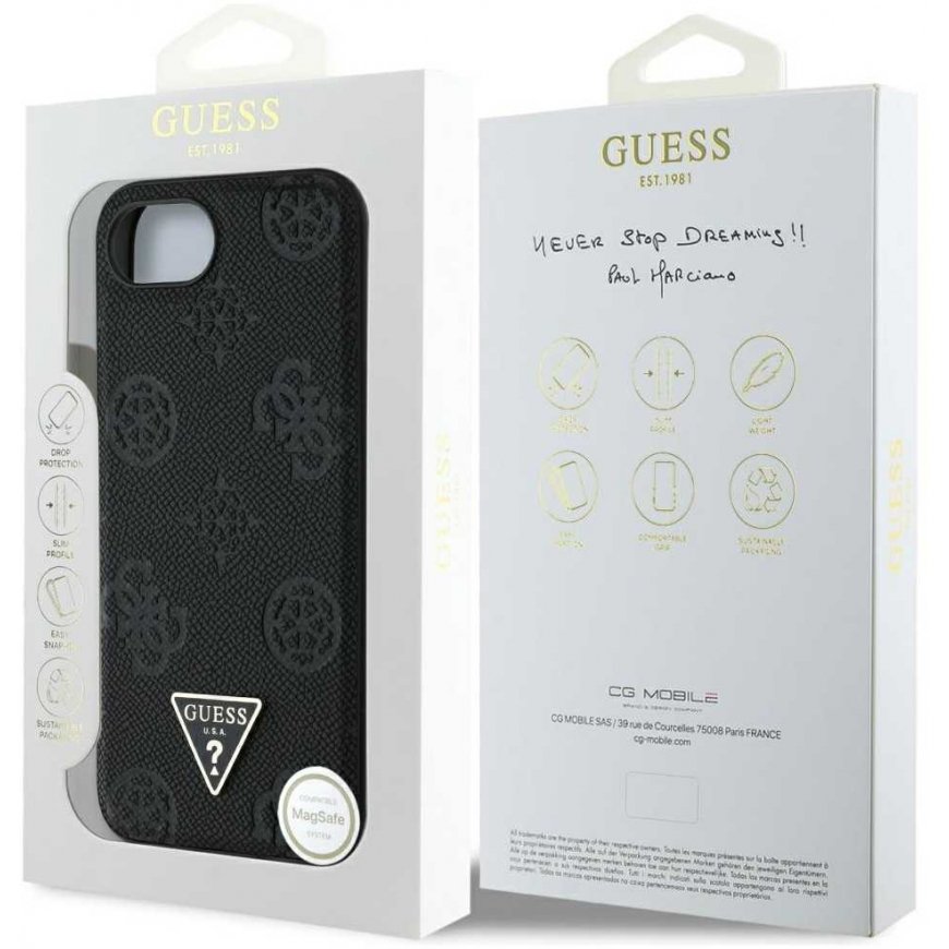Guess Grained Hot Press Peony Triangle Logo MagSafe Case for iPhone 16e - Black – 2