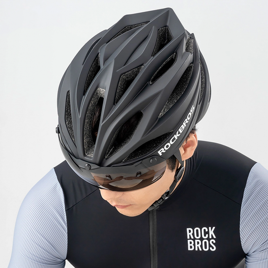 Rockbros bicycle helmet with visor, removable UV protection glasses, unisex - Black/brown – 5