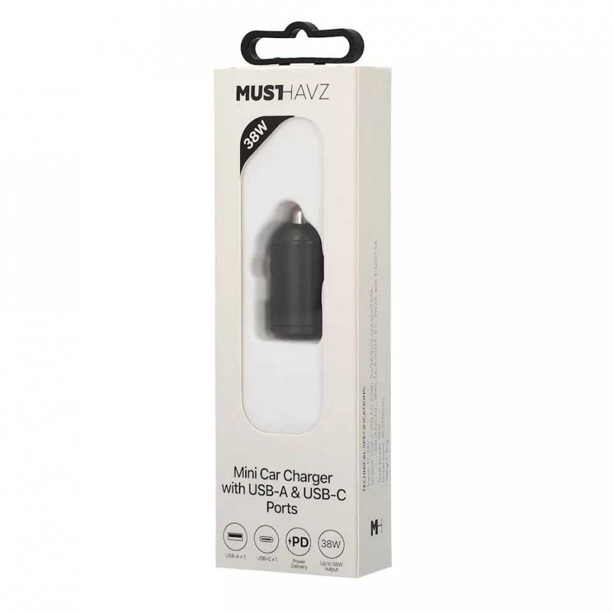 Car charger USB-A, USB-C 38W by Musthavz Black – 3