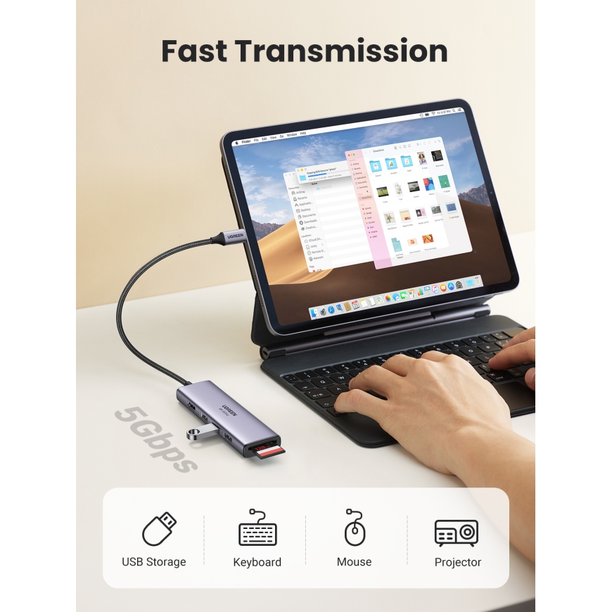 Ugreen CM511 5-in-1 Adapter USB-C Hub to 3x USB3.0 + HDMI + TF/SD Gray – 4