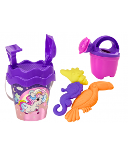 Lean Toys Smėlio rinkinys, kibiras, kastuvas, grėblys, laistytuvas, purpurinis vienaragis