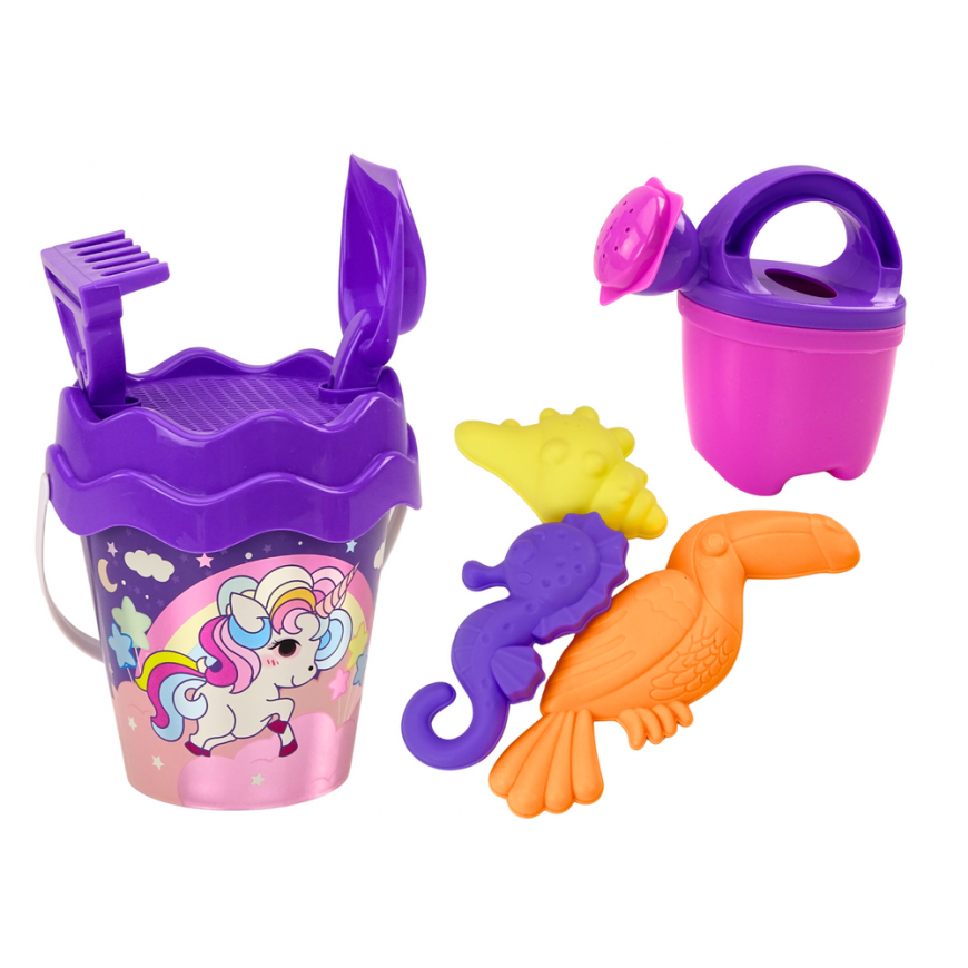 Lean Toys Smėlio rinkinys, kibiras, kastuvas, grėblys, laistytuvas, purpurinis vienaragis