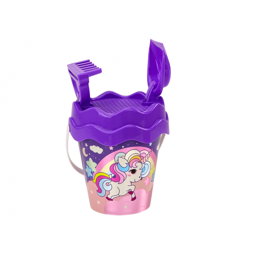 Lean Toys hiekkalaatikko, ämpäri, lapio, harava, kastelukannu, violetti yksisarvinen – 3