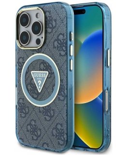 Guess IML Metal Glitter 4G Circle Triangle MagSafe -kotelo iPhone 16 Pro Maxille - sininen
