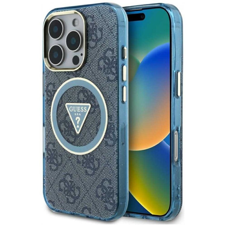 Guess IML Metal Glitter 4G Circle Triangle MagSafe Case for iPhone 16 Pro Max - Blue
