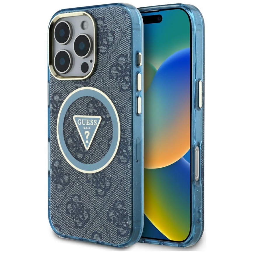 Guess IML Metal Glitter 4G Circle Triangle MagSafe dėklas, skirtas iPhone 16 Pro Max - Mėlyna – 2