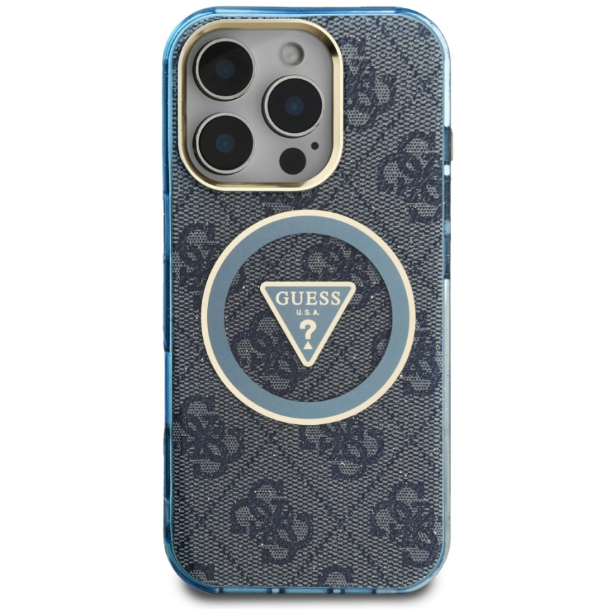 Guess IML Metal Glitter 4G Circle Triangle MagSafe -kotelo iPhone 16 Pro Maxille - sininen – 4
