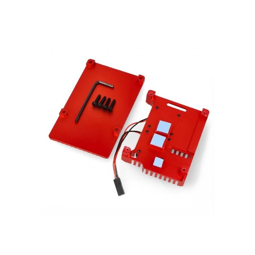 Justpi Raspberry Pi 4B aliumininis radiatorius su dviem ventiliatoriais - dėžutė raudonos spalvos – 4