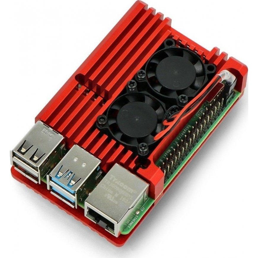 Justpi Raspberry Pi 4B aliumininis radiatorius su dviem ventiliatoriais - dėžutė raudonos spalvos – 5