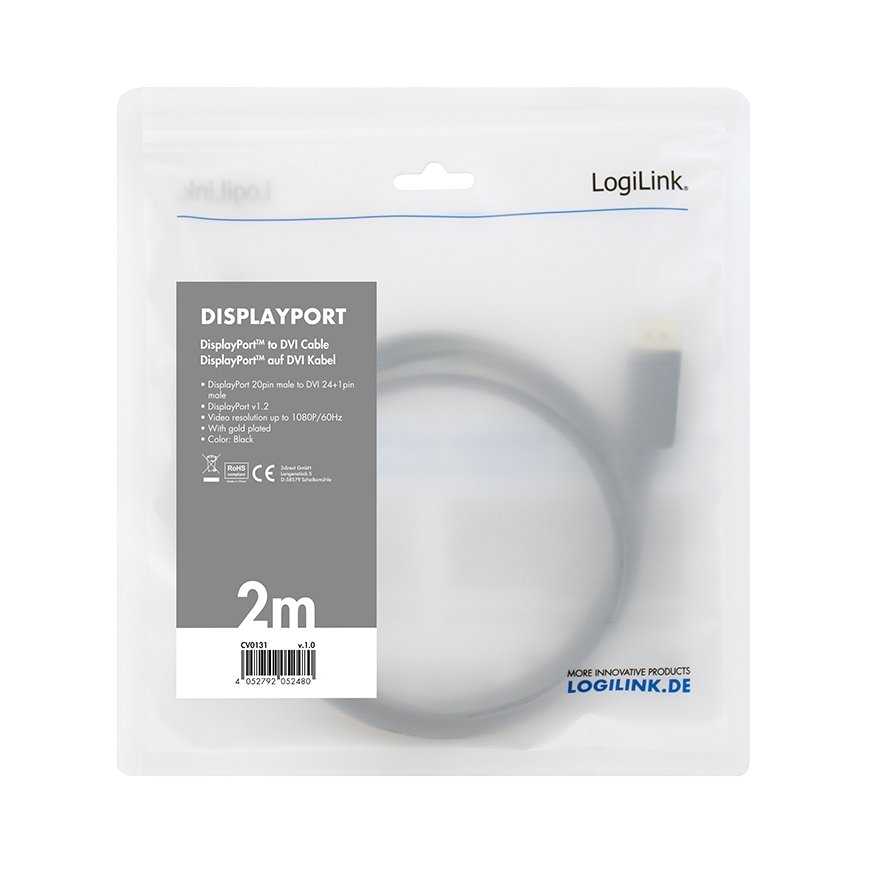 LogiLink CV0131 video kabeļu aksesuārs 2 m DisplayPort DVI Melns – 3