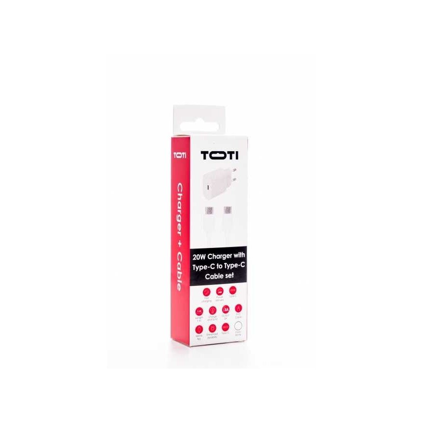 SEEK TOTI 20W Type-C PD Wall Fast Charger with Type-C to Type-C, 1 m PVC Data Cable 3A, White – 2