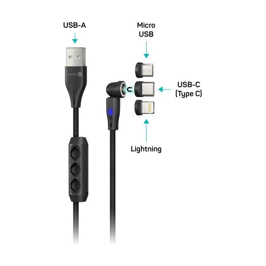 CONNECT IT Magnetic PowerLink 3in1 cable (USB-C/Lightning/MicroUSB), 2m – 2