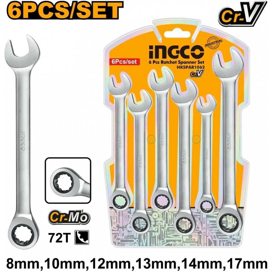 Ingco HKSPAR1062 Double ended and flat wrench, set of 6, CrV – 2