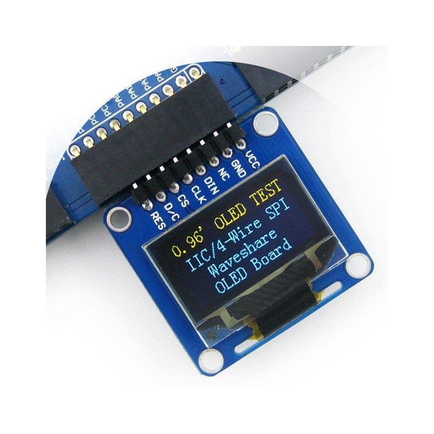 Dviejų spalvų grafinis OLED ekranas 0.96" (A) 128x64px SPI/I2C, kampinės jungtys, Waveshare 9085