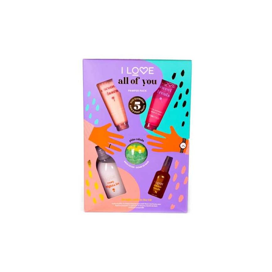All Of You Set I Love: Coconut Kisses, Hydrating, Losjonas kūnui, 75 ml + Pina Colada , Bath Bomb, 120 g + Golden Sands, Refresh – 2