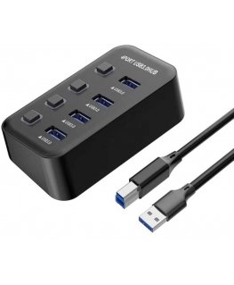 PREMIUMCORD Hub USB 3.2, 4 prievadų su prievadų jungikliais, 5G SuperSpeed, juoda