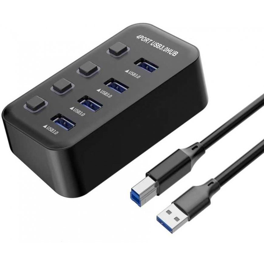 PREMIUMCORD Hub USB 3.2, 4 prievadų su prievadų jungikliais, 5G SuperSpeed, juoda