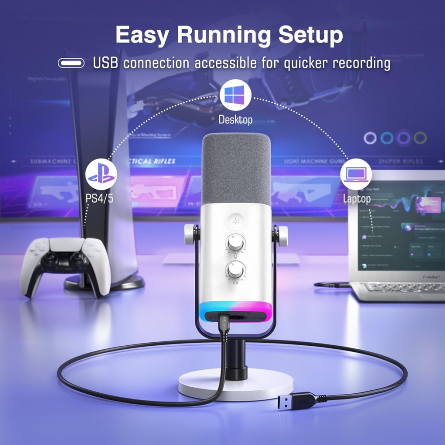 Fifine AmpliGame AM8 RGB mikrofonas žaidimams | podcast'ai | upeliai | XLR balta – 5