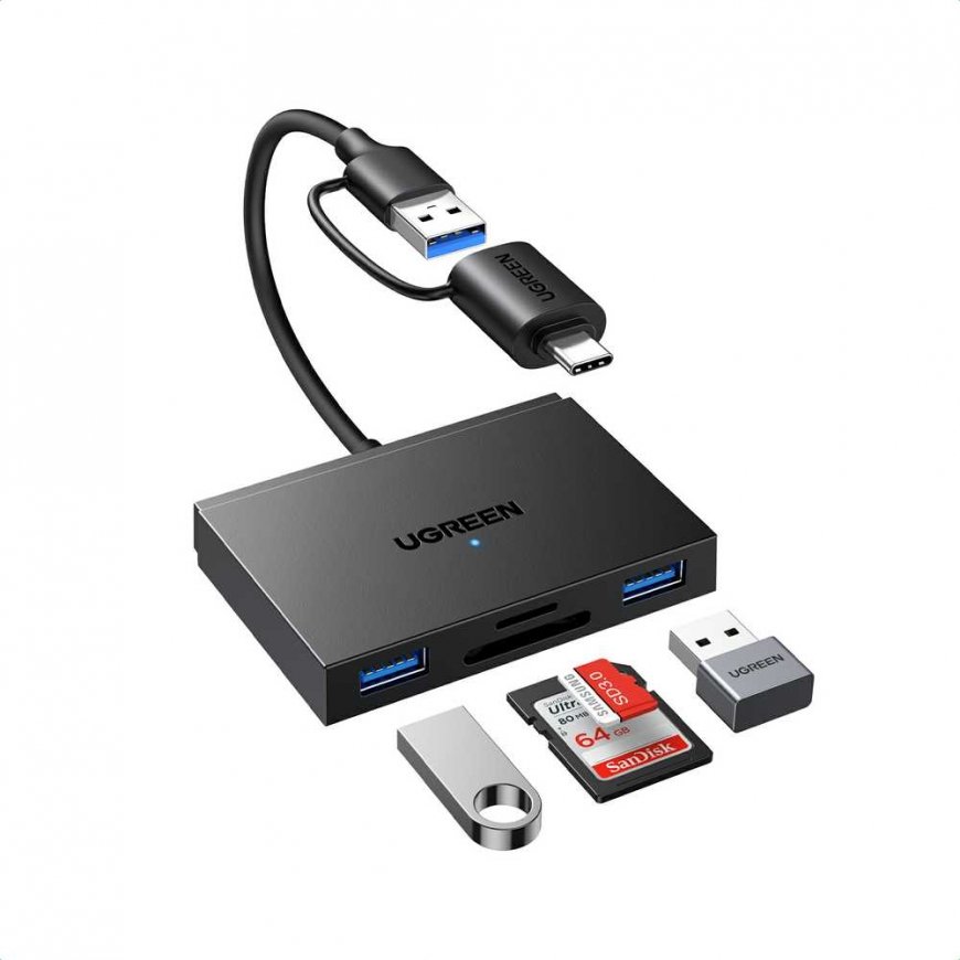 Ugreen Atminties kortelių Micro SD, SD skaitytuvas USB 3.0/USB-C OTG su 2xUSB-A prievadais