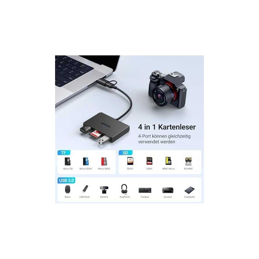 Ugreen Atminties kortelių Micro SD, SD skaitytuvas USB 3.0/USB-C OTG su 2xUSB-A prievadais – 3