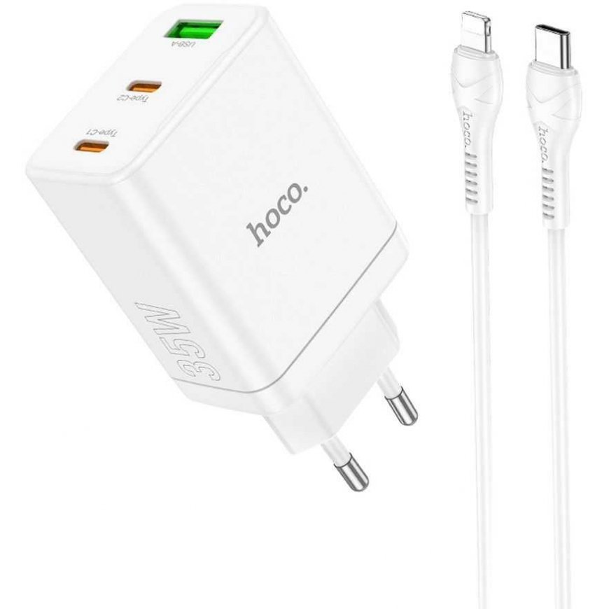 HOCO laturi 2 x Type-C + USB-A + kaapeli Type-C - Lightning PD QC3.0 3A 35W N33 valkoinen