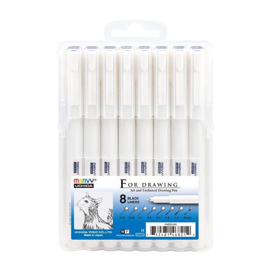 Marvy Uchida Spalvoti grafiniai rašikliai Marvy For Drawing 4600-8A, 8 skirtingų brėžių, juodi