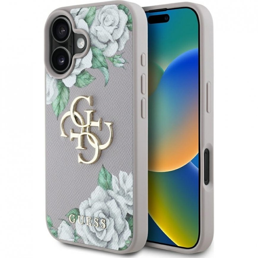 Case Guess Grained Roses Big 4G logo for iPhone 16 purple