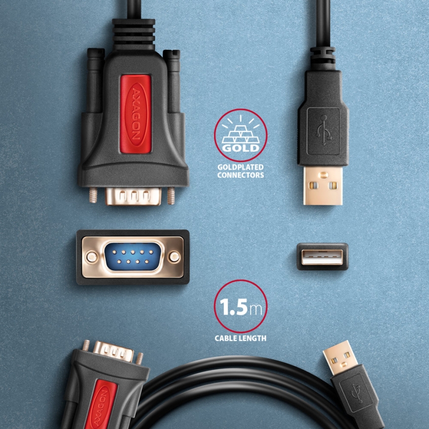 Axagon ADS-1PSN USB-A 2.0 - serial RS-232 DB9-M Prolific adapter cable 1.5m - Adapter - Digital/Date – 5