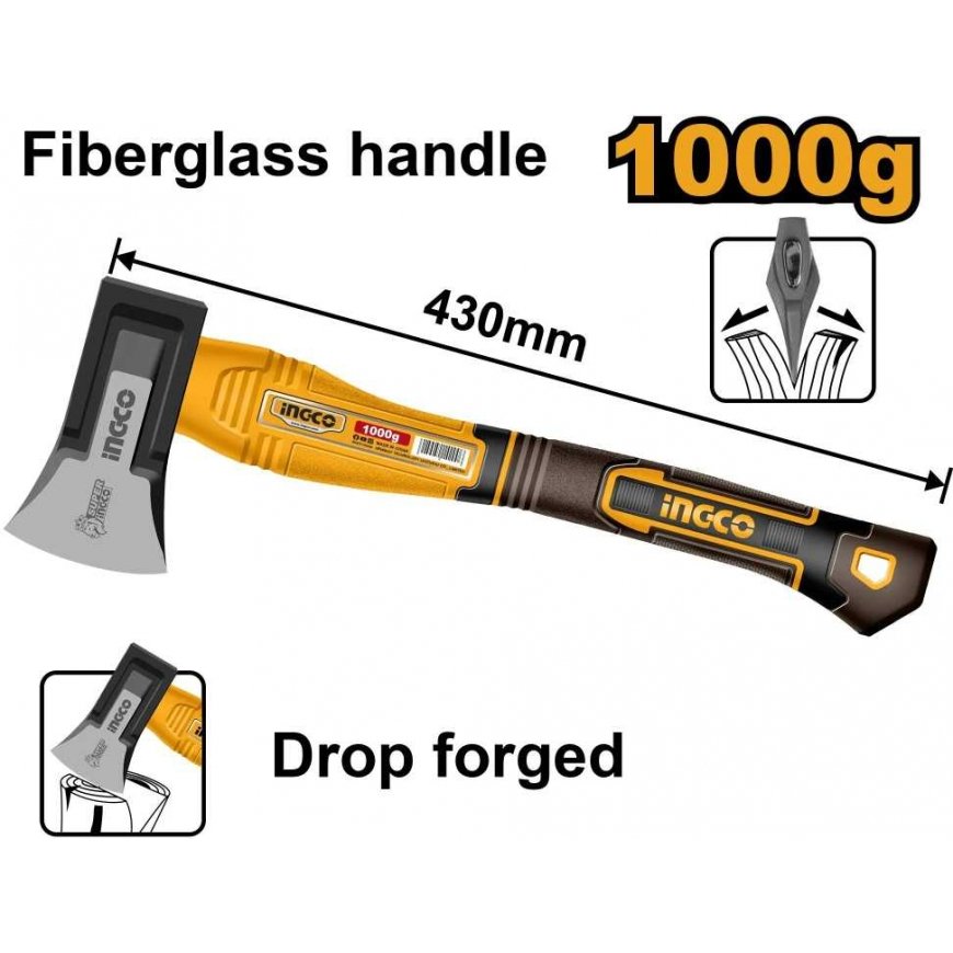 Ingco HAX0811000F Axe 1000g fibreglass, forged head – 2