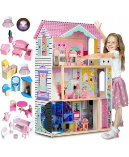 Ricokids Large 3-story wooden dollhouse with elevator and LED lamp