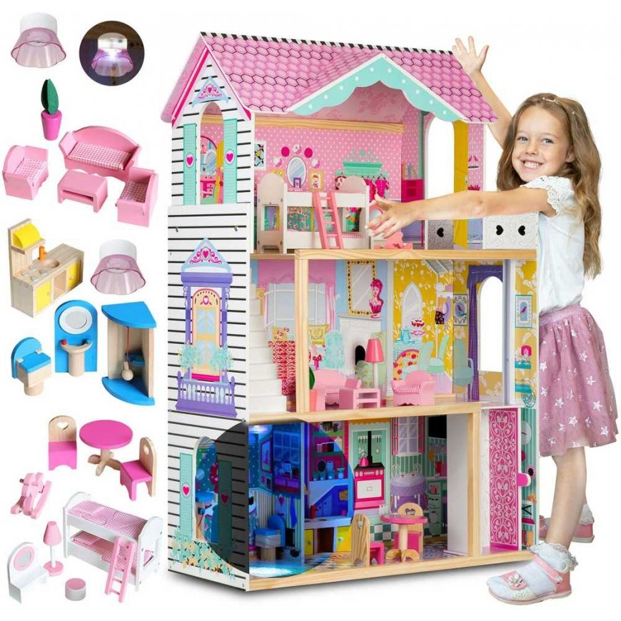 Ricokids Large 3-story wooden dollhouse with