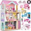 Ricokids Large 3-story wooden dollhouse with elevator and LED lamp