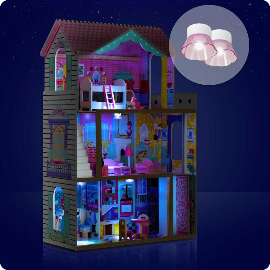 Ricokids Large 3-story wooden dollhouse with elevator and LED lamp – 3