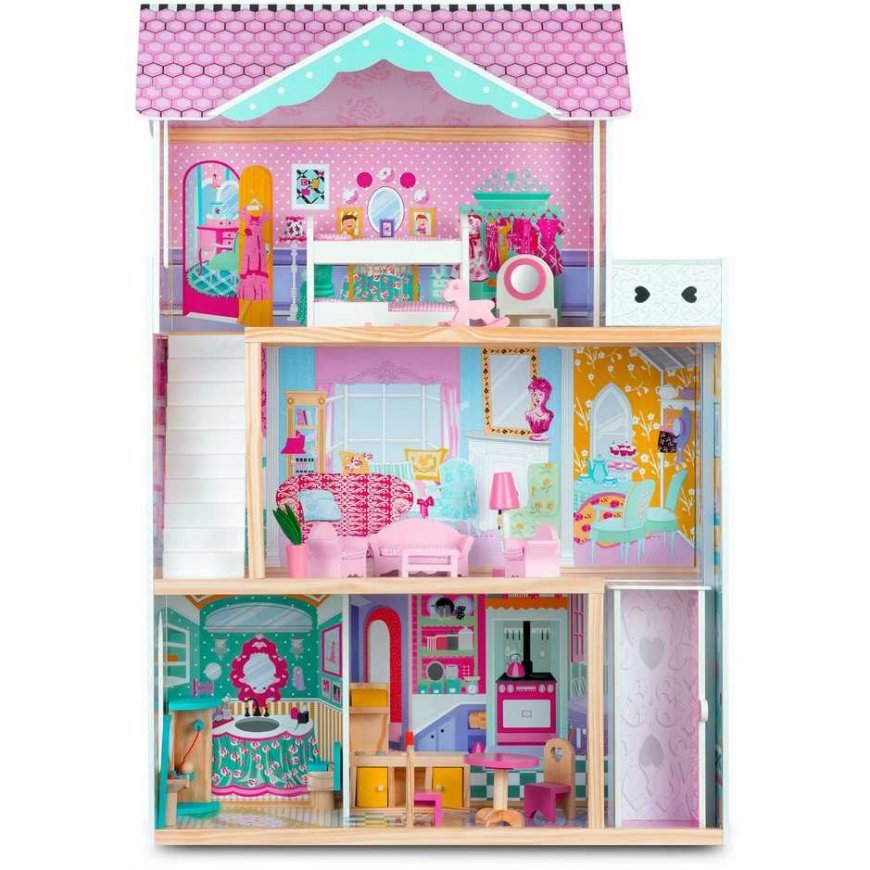 Ricokids Didelis 3 aukštų medinis lėlių namelis su liftu ir LED lempa – 4