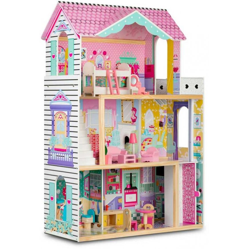 Ricokids Didelis 3 aukštų medinis lėlių namelis su liftu ir LED lempa – 5