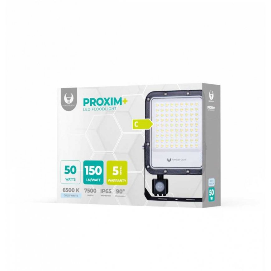 Telforceone LED-valonheitin PROXIM+ 50W 6500K 7500lm PIR 230V IP65 Forever Light 150lm/W 5 vuoden takuu – 2