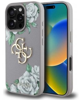 Guess Grained Roses Big 4G logo case for Apple iPhone 16 Pro purple