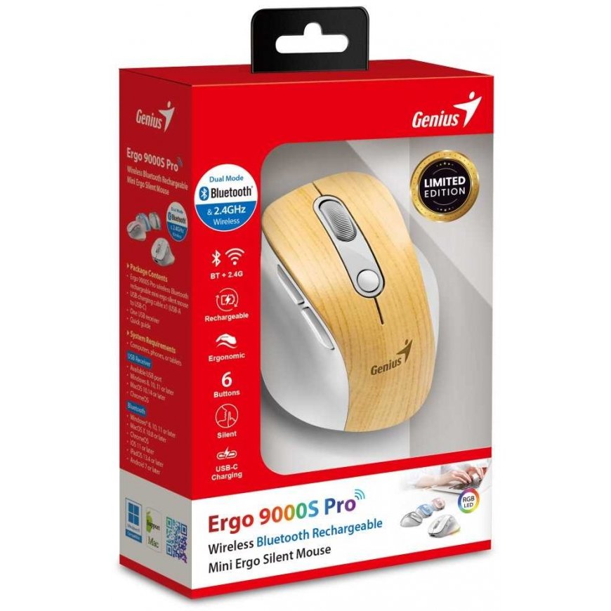 Wireless mouse, Genius Ergo 9000S Pro, white and beige, optical, 2400DPI – 3