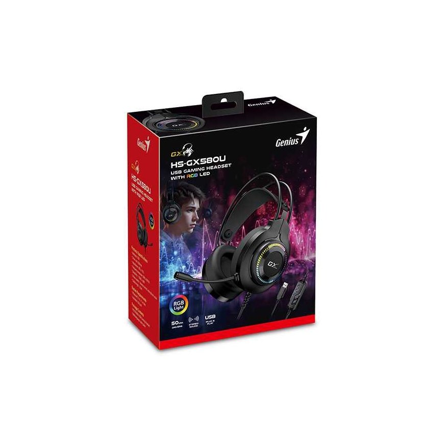 Genius GX GAMING HS-GX580U, ausinės su mikrofonu, juoda, ausinės, 50 mm garsiakalbiai typ USB – 3