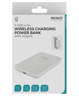 Power bank 5000 mAh DELTACO, wireless charging, PD 20 W,magnet,white / PB-Q1006 / 1903253