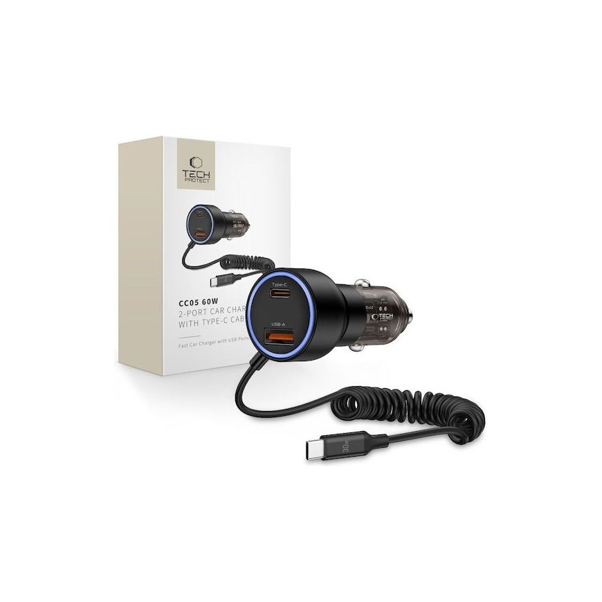 CC05 Car Charger 2-Port PD60 W + USB-C Cable - Black