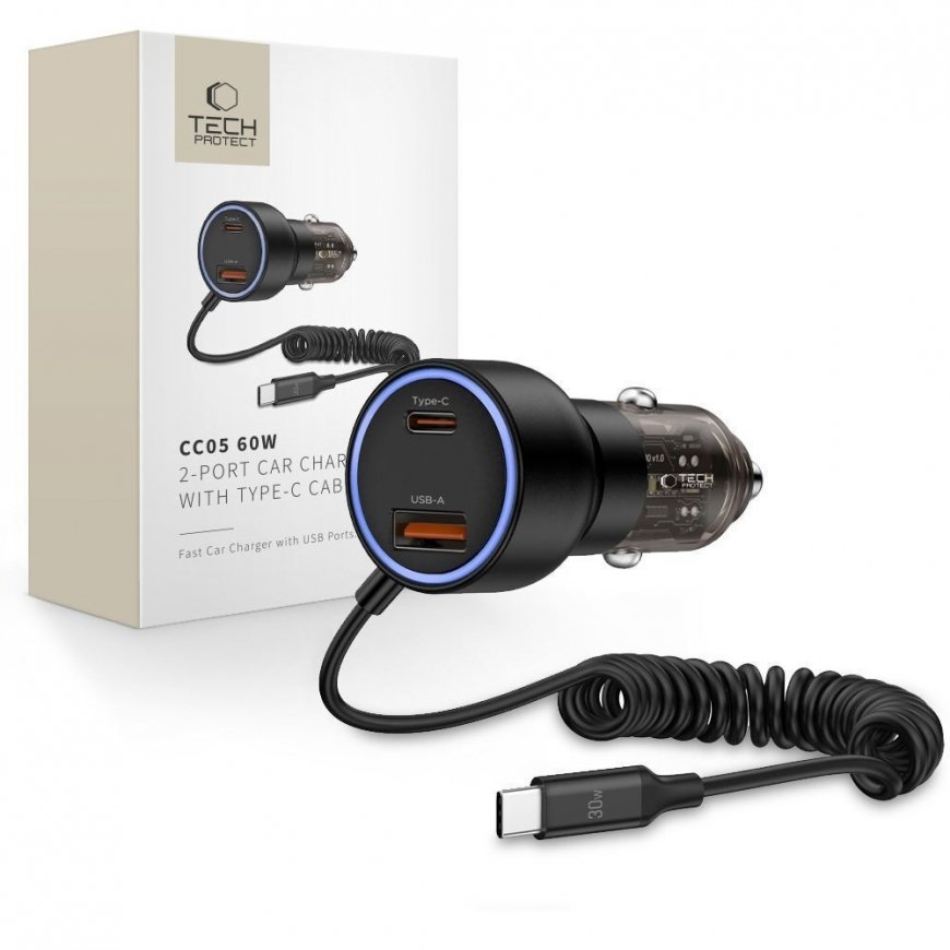 CC05 Car Charger 2-Port PD60 W + USB-C Cable - Black – 2
